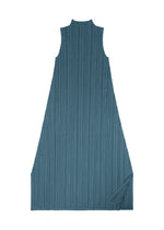 MELLOW PLEATS by PLEATS PLEASE ISSEY MIYAKE: A sleeveless, teal A-line dress with a high neckline and signature pleated fabric, laid flat on a white background. This elegant MELLOW PLEATS dress features the bottom right corner slightly folded upwards.