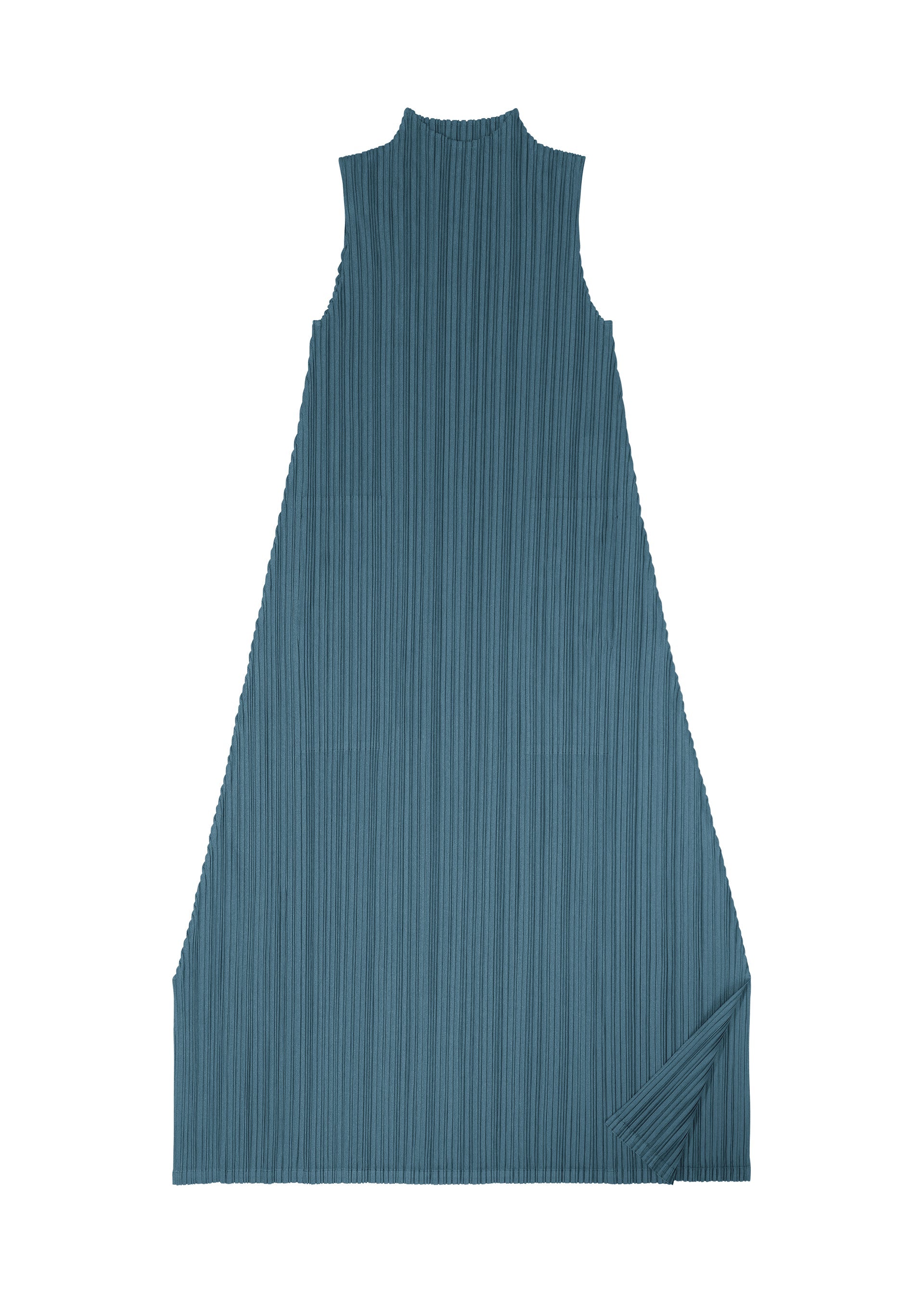 Zoomed view MELLOW PLEATS by PLEATS PLEASE ISSEY MIYAKE: A sleeveless, teal A-line dress with a high neckline and signature pleated fabric, laid flat on a white background. This elegant MELLOW PLEATS dress features the bottom right corner slightly folded upwards.