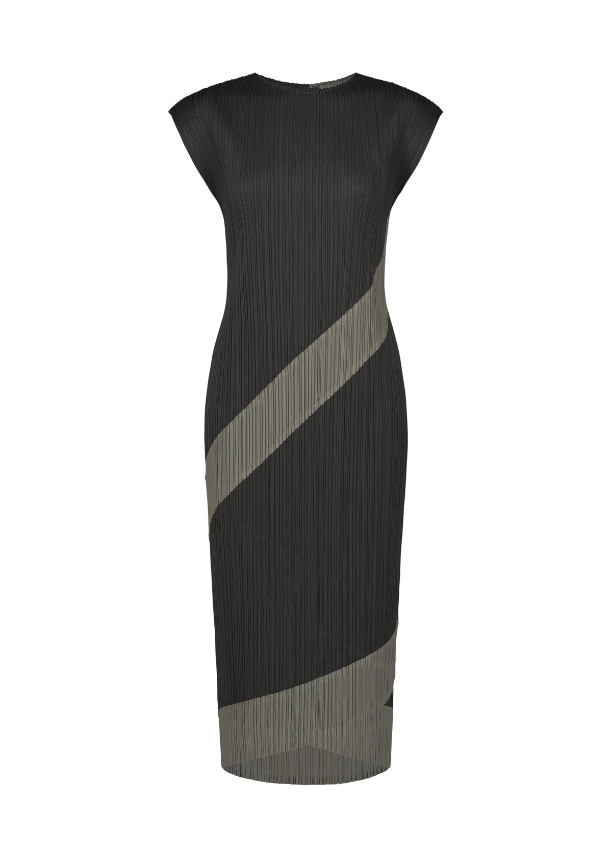 Introducing TWIRL by PLEATS PLEASE ISSEY MIYAKE: a sleeveless, knee-length black dress featuring a subtle pleated texture and bold diagonal gray stripe accents across the front. This versatile round-neck dress blends both style and sophistication. view 3 of 10