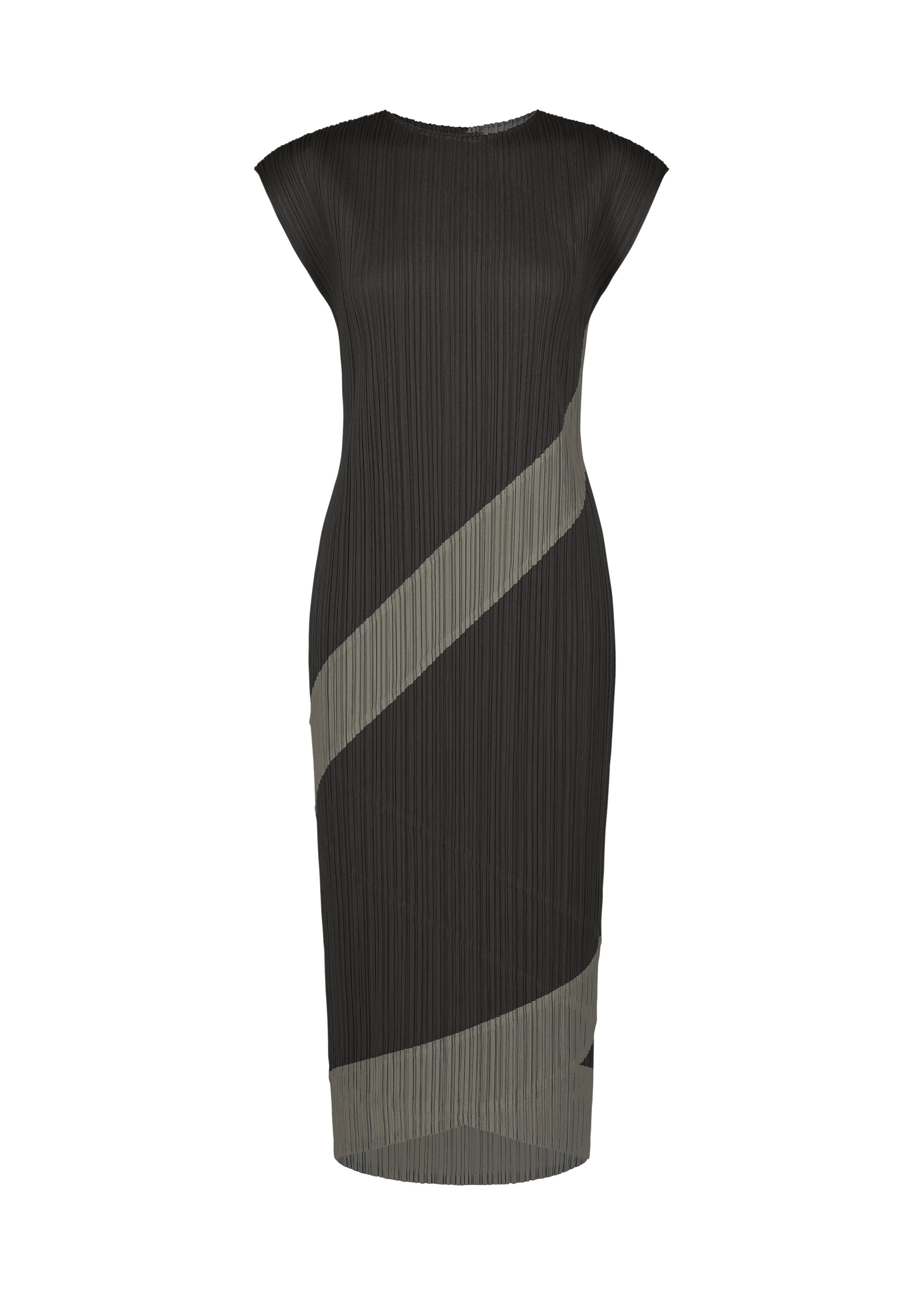 Zoomed view Introducing TWIRL by PLEATS PLEASE ISSEY MIYAKE: a sleeveless, knee-length black dress featuring a subtle pleated texture and bold diagonal gray stripe accents across the front. This versatile round-neck dress blends both style and sophistication. - BLACK （no.15）