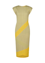 The TWIRL dress from PLEATS PLEASE ISSEY MIYAKE is a sleeveless, knee-length design in light olive green with fine vertical pleats and a simple round neckline. It features two wide yellow diagonal stripes that wrap around the fitted silhouette. - YELLOW （no.52）