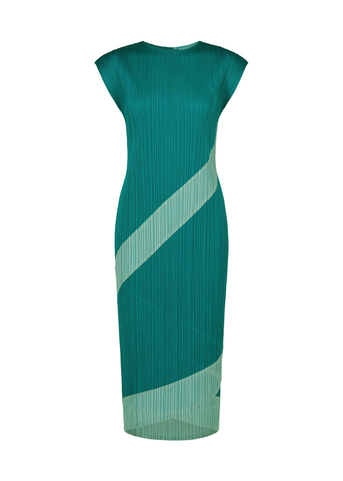 The TWIRL dress by PLEATS PLEASE ISSEY MIYAKE is a sleeveless, teal, knee-length design with a fitted silhouette, showcasing signature vertical pleats and two bold, wide diagonal light green stripes across the front. Finished with a round neckline, this piece exudes an elegant yet contemporary style. view 2 of 10