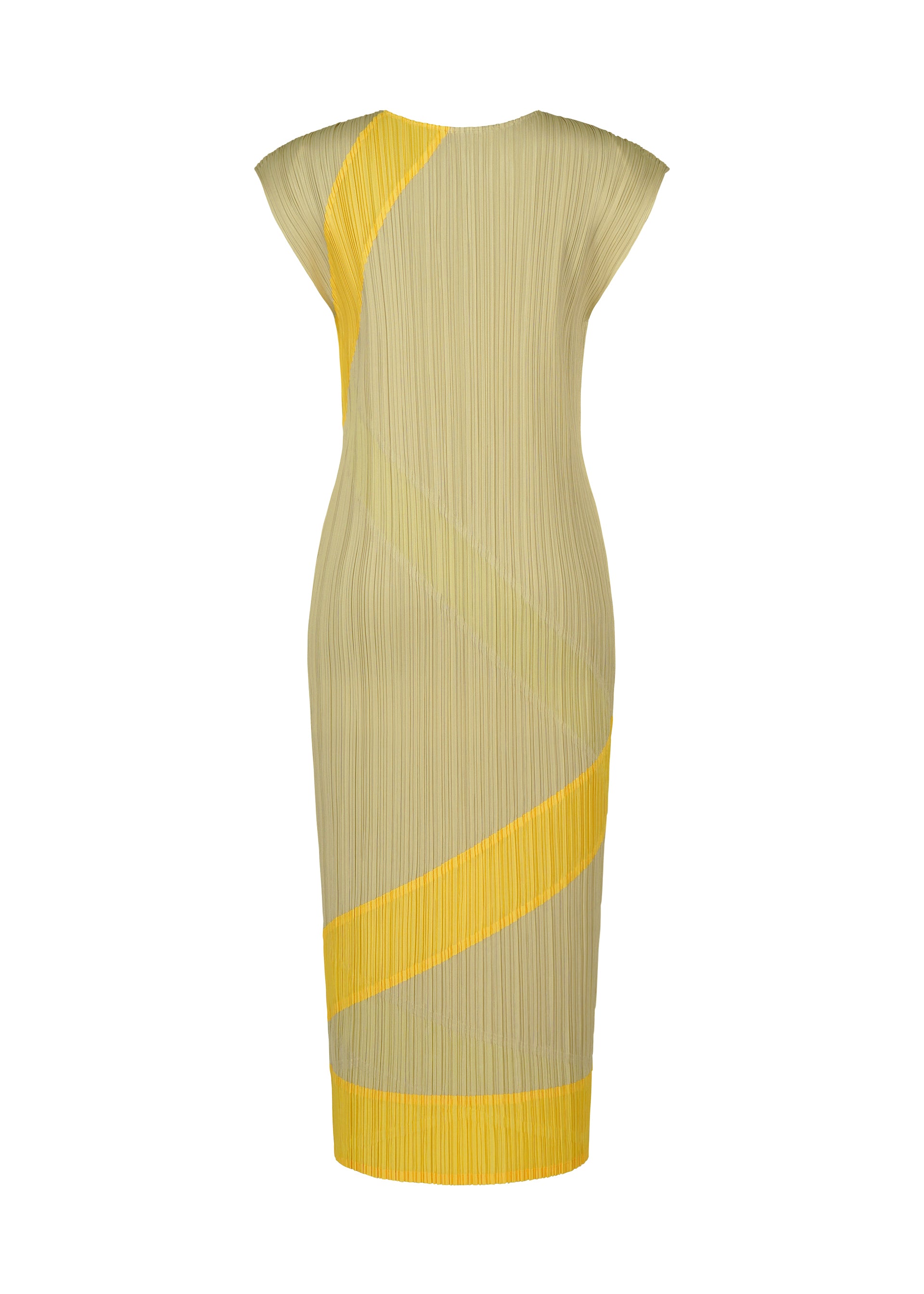 Zoomed view The TWIRL dress by PLEATS PLEASE ISSEY MIYAKE is a sleeveless, knee-length beige round-neck design featuring vertical pleats and yellow diagonal stripes that wrap around the body, shown against a white background.