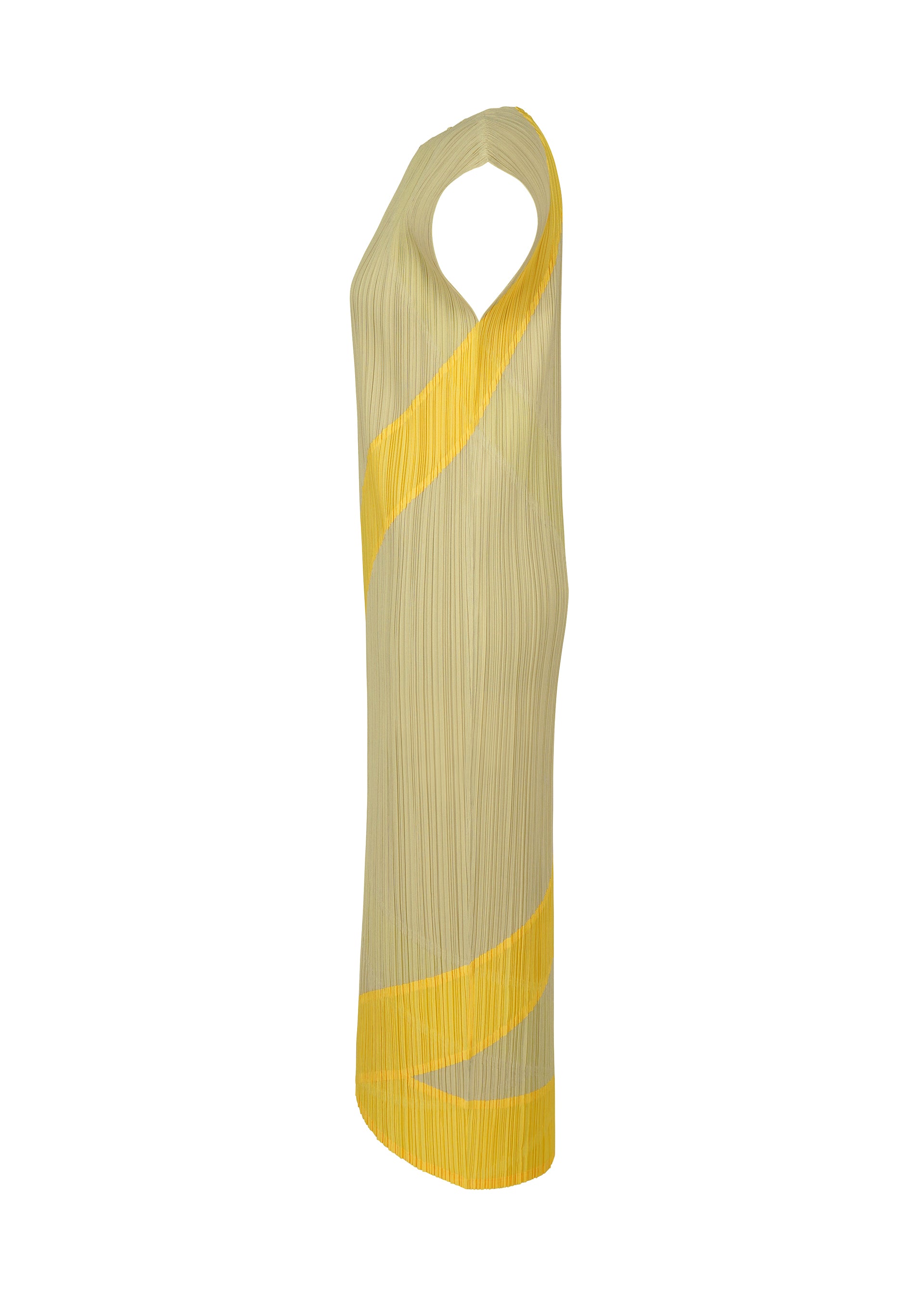 Zoomed view The TWIRL dress by PLEATS PLEASE ISSEY MIYAKE is a reversible, sleeveless ankle-length design featuring a high neckline, an asymmetric shoulder detail, and a pleated texture. It comes in a light beige color with bold diagonal yellow stripes wrapping around the garment.
