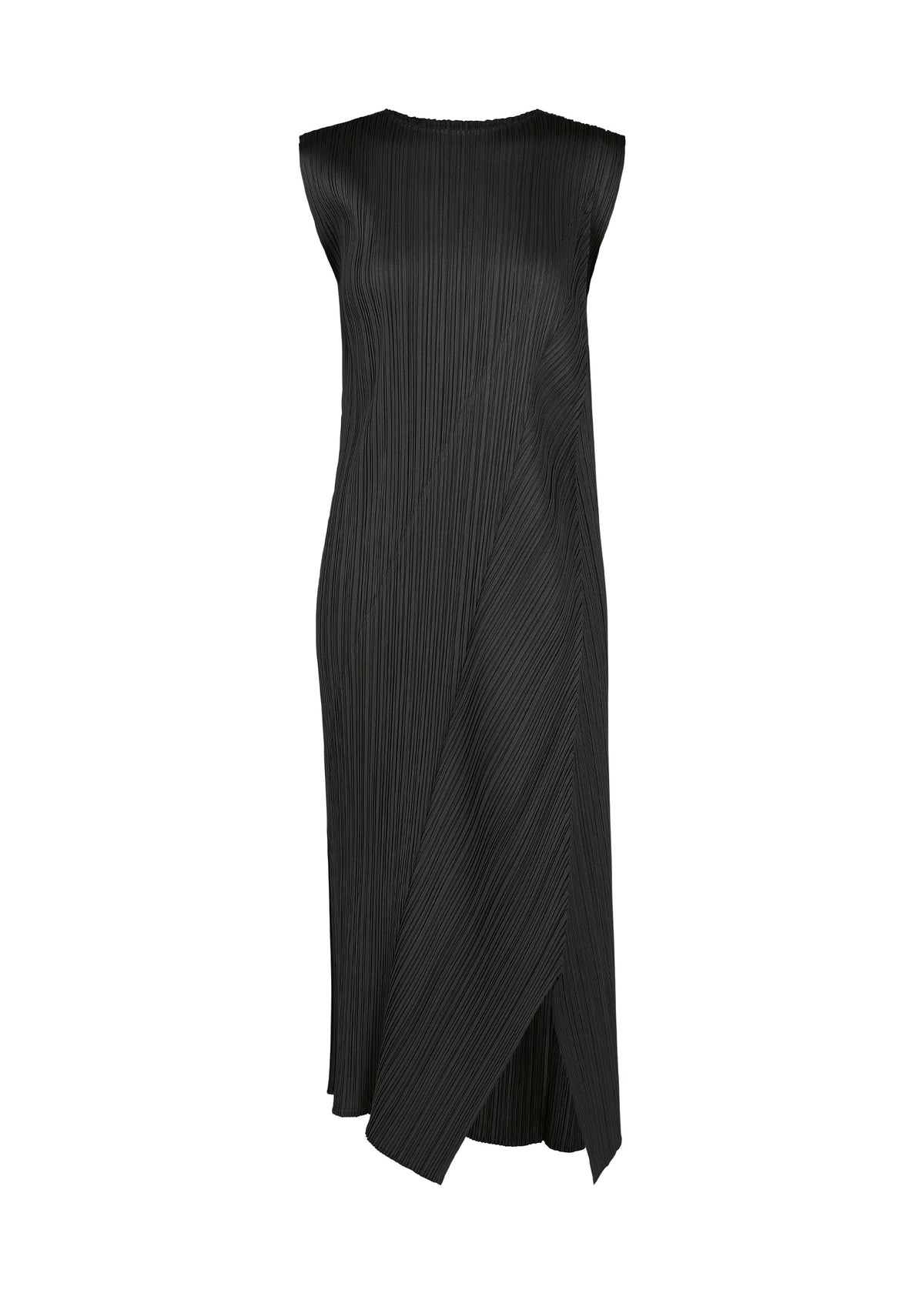 The FOLD dress by PLEATS PLEASE ISSEY MIYAKE is a sleeveless black midi dress with a round neckline, crafted from finely pleated fabric and featuring an asymmetrical draped front panel—an elegant and sophisticated choice for any occasion. view 1 of 8