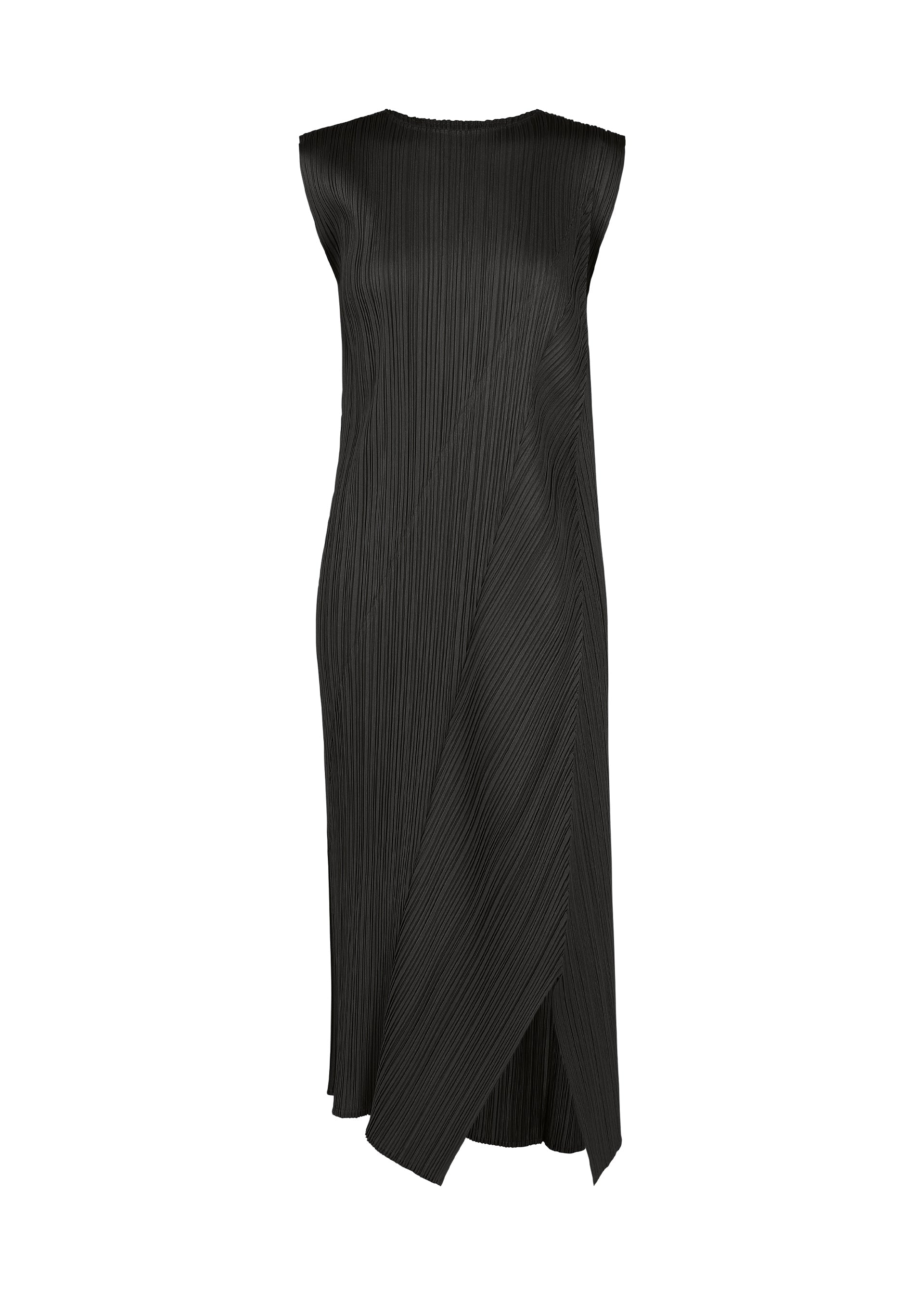 Zoomed view The FOLD dress by PLEATS PLEASE ISSEY MIYAKE is a sleeveless black midi dress with a round neckline, crafted from finely pleated fabric and featuring an asymmetrical draped front panel—an elegant and sophisticated choice for any occasion. - BLACK （no.15）