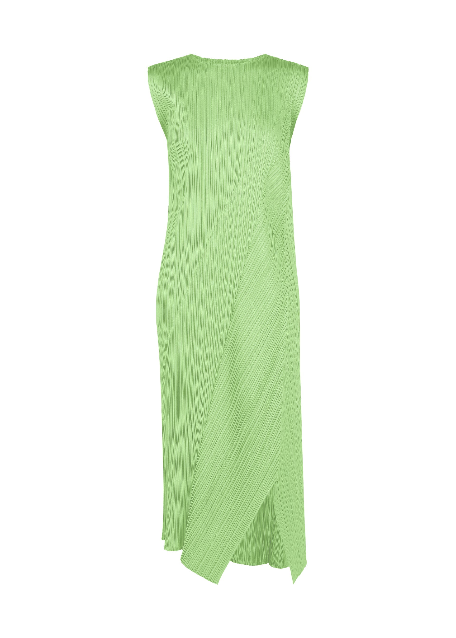 Zoomed view The FOLD dress by PLEATS PLEASE ISSEY MIYAKE is a sleeveless, light green midi-length design with a round neckline and pleated texture. It features an asymmetrical layered silhouette with a draped front panel, creating modern and elegant lines. - MINT GREEN （no.63）