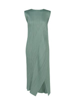 FOLD dress by PLEATS PLEASE ISSEY MIYAKE: a sleeveless, mint green midi-length piece featuring a round neckline, delicate vertical pleats, and an asymmetric draped front panel, shown against a white background. - BABY BLUE （no.71）