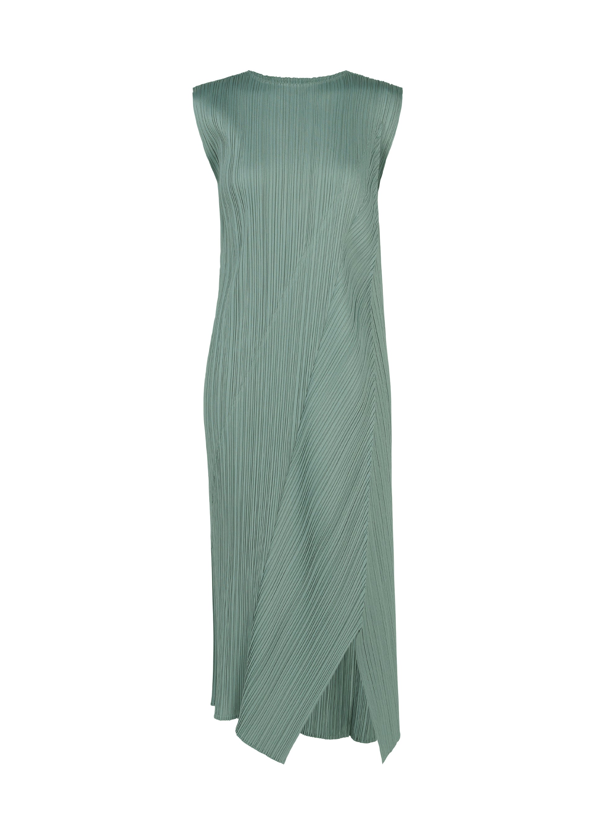 Zoomed view FOLD dress by PLEATS PLEASE ISSEY MIYAKE: a sleeveless, mint green midi-length piece featuring a round neckline, delicate vertical pleats, and an asymmetric draped front panel, shown against a white background. - BABY BLUE （no.71）