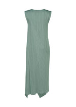 Back view of the FOLD dress by PLEATS PLEASE ISSEY MIYAKE—a sleeveless, long sage green round-neck design featuring vertical pleats and an asymmetrical hem.