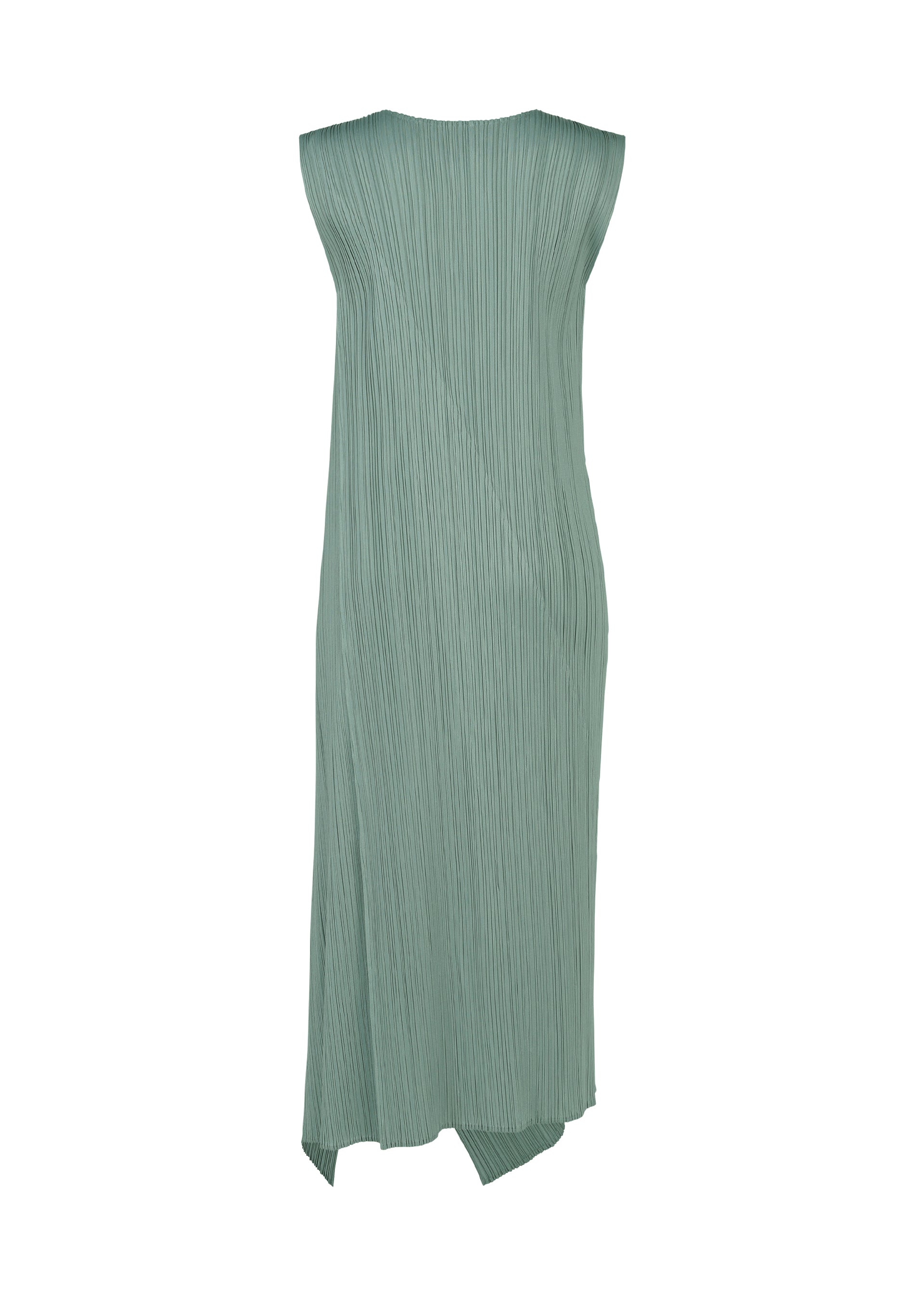 Zoomed view Back view of the FOLD dress by PLEATS PLEASE ISSEY MIYAKE—a sleeveless, long sage green round-neck design featuring vertical pleats and an asymmetrical hem.