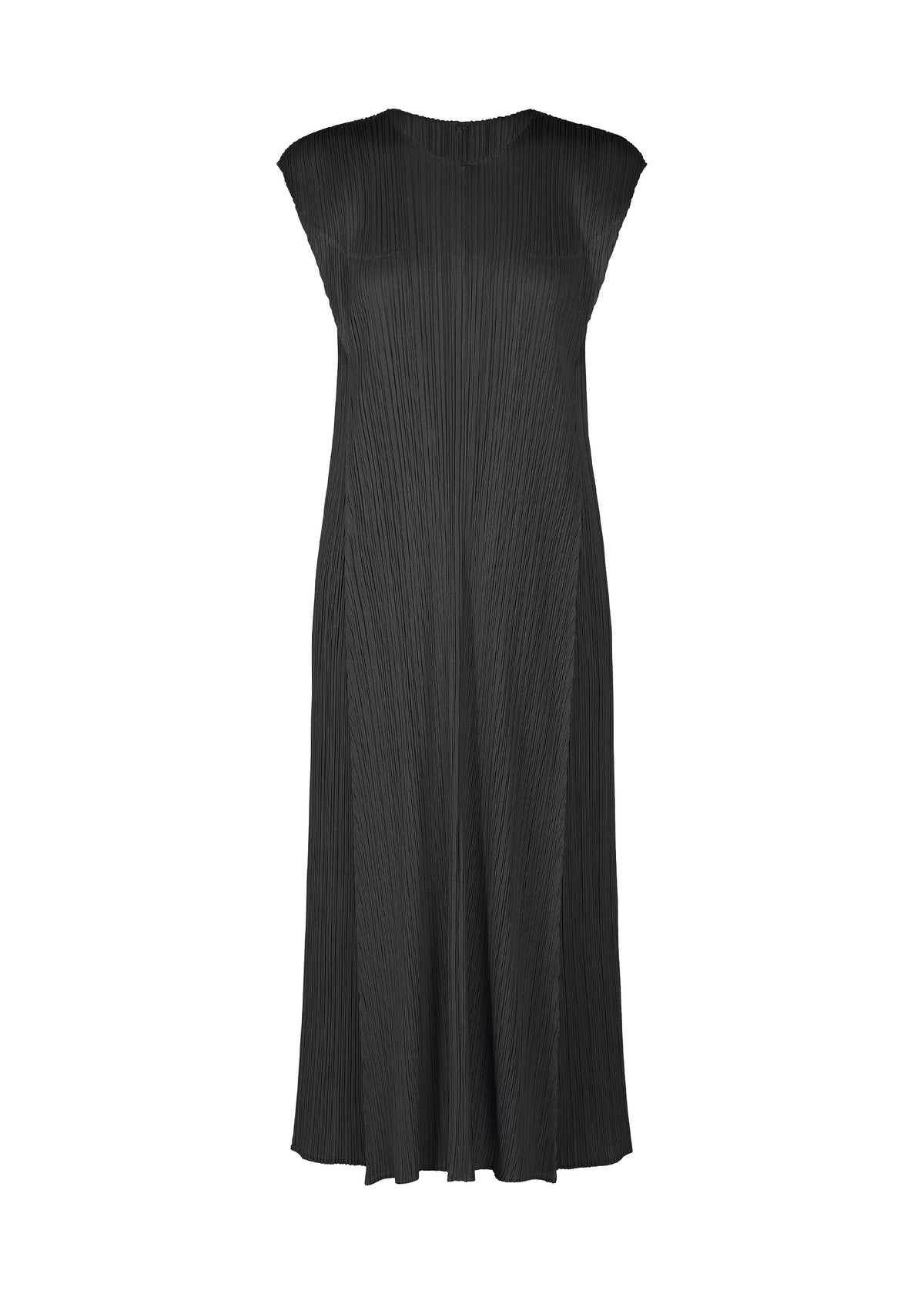 The BOUQUET dress by PLEATS PLEASE ISSEY MIYAKE is a sleeveless, ankle-length black piece featuring a round neckline and vertical pleats for a textured look. Its loose, flowing silhouette adds elegant, timeless charm. view 4 of 10