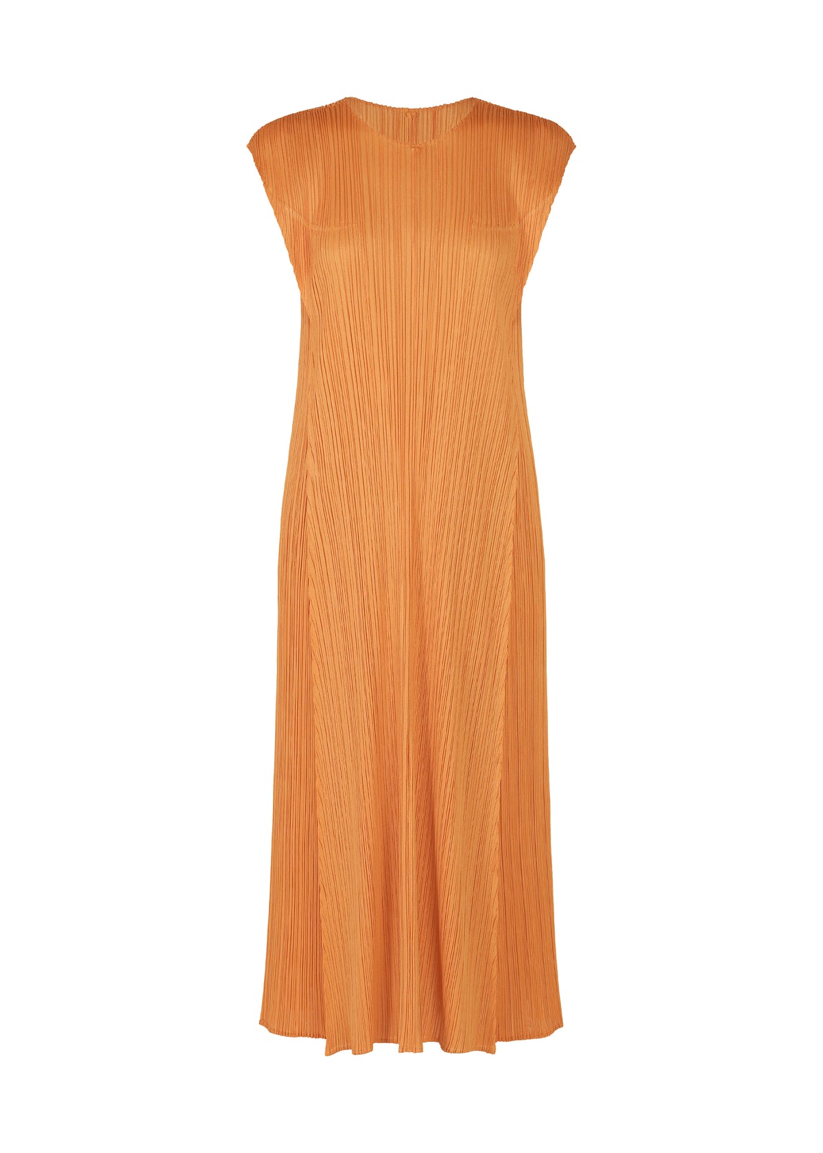 The BOUQUET dress by PLEATS PLEASE ISSEY MIYAKE is a sleeveless, ankle-length orange piece with a round neck and pleated texture, subtle floral-inspired details, and a relaxed fit, shown against a white background. view 5 of 10