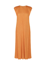 The BOUQUET dress by PLEATS PLEASE ISSEY MIYAKE is a sleeveless, ankle-length orange piece with a round neck and pleated texture, subtle floral-inspired details, and a relaxed fit, shown against a white background. - ORANGE （no.32）