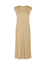The BOUQUET dress by PLEATS PLEASE ISSEY MIYAKE is a sleeveless, ankle-length beige round-neck piece with pleated texture and floral-inspired elegance, shown on a plain white background. - SAND BEIGE （no.42）
