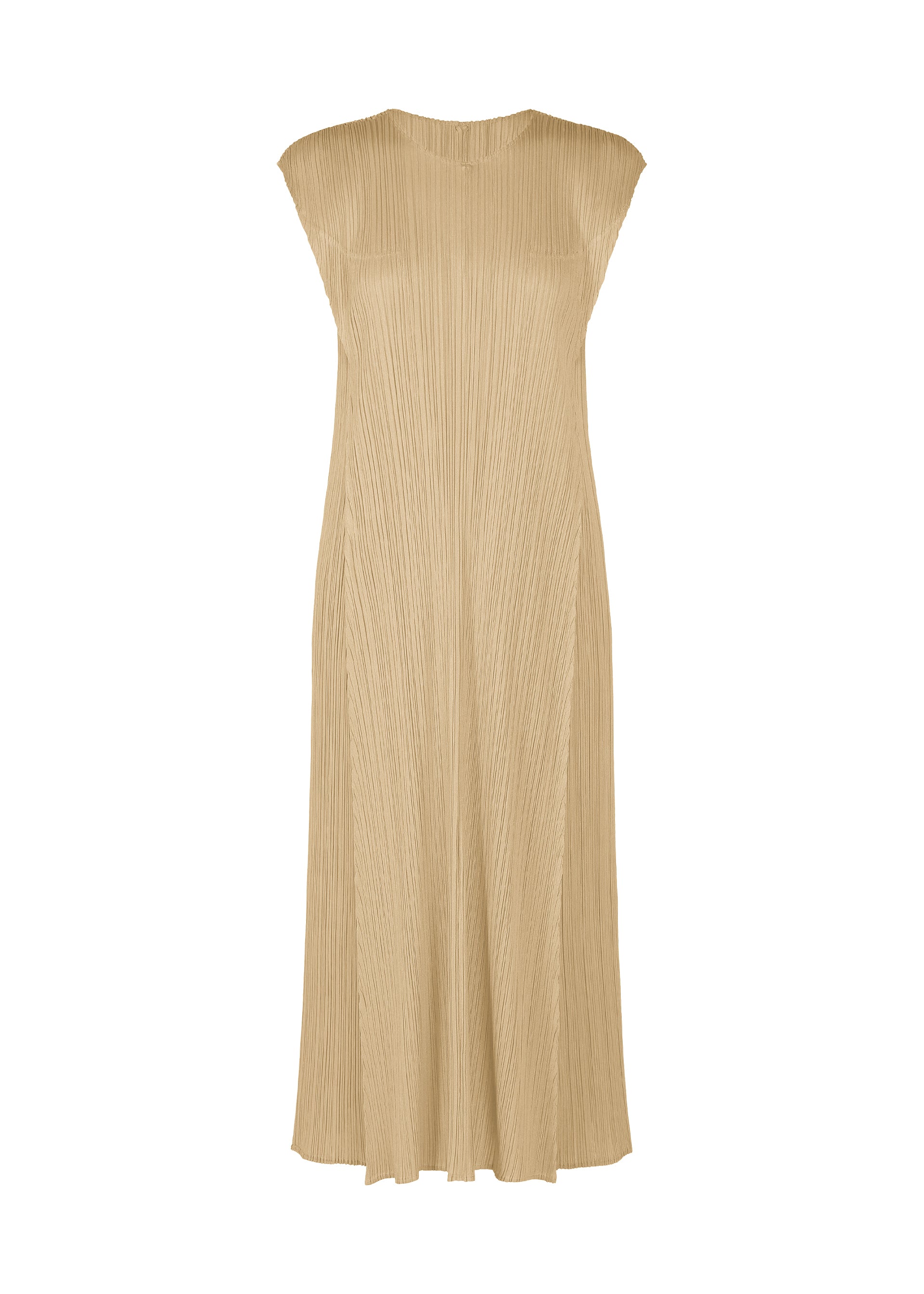 Zoomed view The BOUQUET dress by PLEATS PLEASE ISSEY MIYAKE is a sleeveless, ankle-length beige round-neck piece with pleated texture and floral-inspired elegance, shown on a plain white background. - SAND BEIGE （no.42）