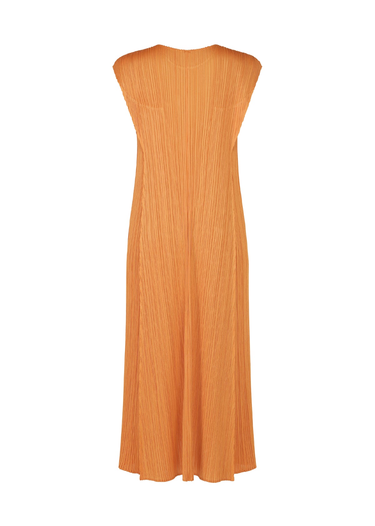 The BOUQUET dress by PLEATS PLEASE ISSEY MIYAKE is a sleeveless, ankle-length orange round-neck piece with pleated texture, shown from the back against a white background. view 2 of 10