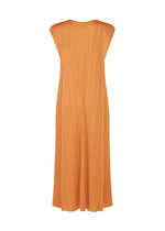 The BOUQUET dress by PLEATS PLEASE ISSEY MIYAKE is a sleeveless, ankle-length orange round-neck piece with pleated texture, shown from the back against a white background.