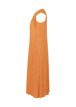 BOUQUET by PLEATS PLEASE ISSEY MIYAKE: A floral-inspired, sleeveless orange pleated ankle-length dress with an asymmetrical one-shoulder neckline, shown on a plain white background.