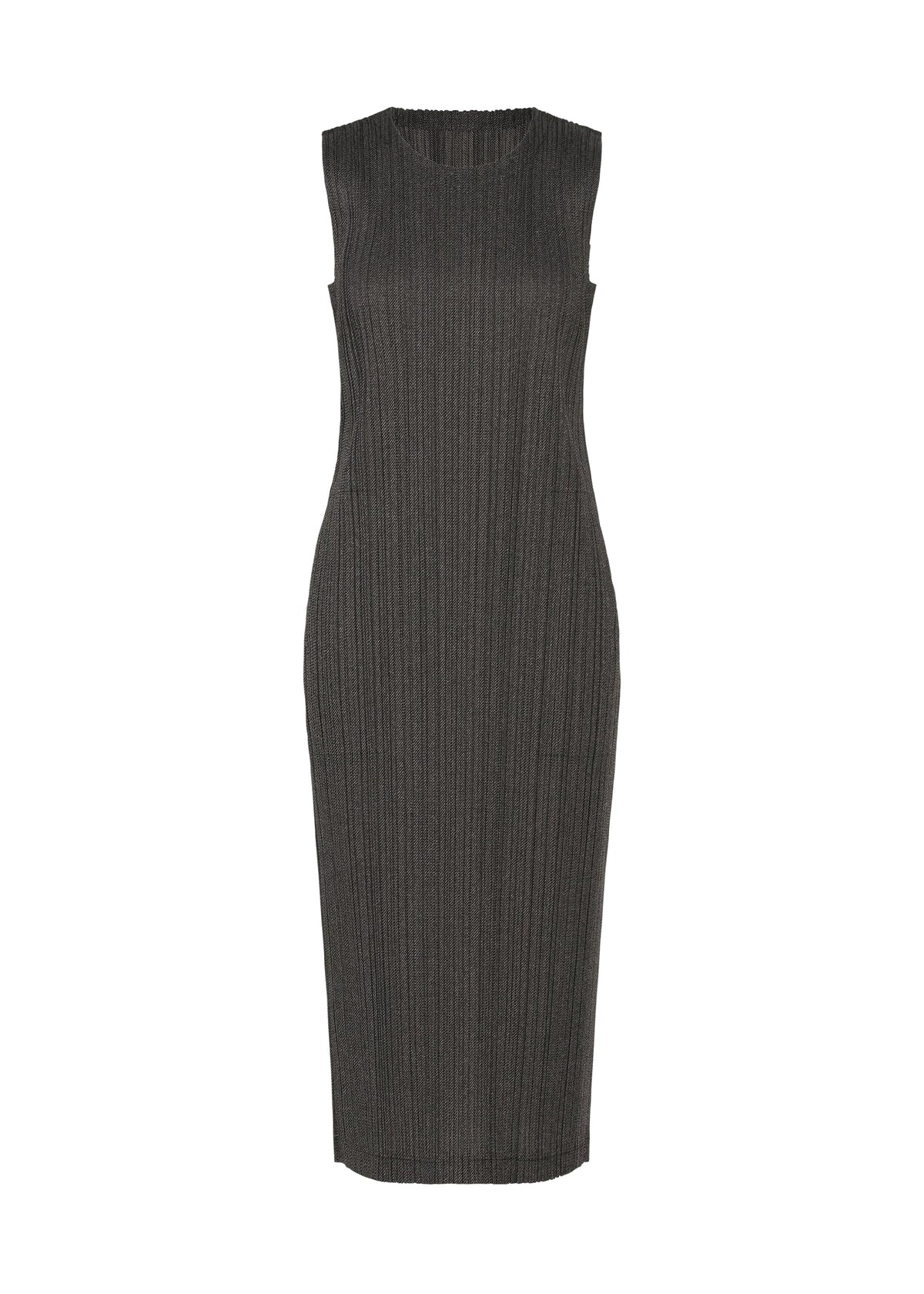The COTTON DENIM BLACK by PLEATS PLEASE ISSEY MIYAKE is a sleeveless, ribbed charcoal gray midi dress with a fitted silhouette and crew neckline, crafted from black fabric for a subtle denim-like look, shown on a white background. view 1 of 7