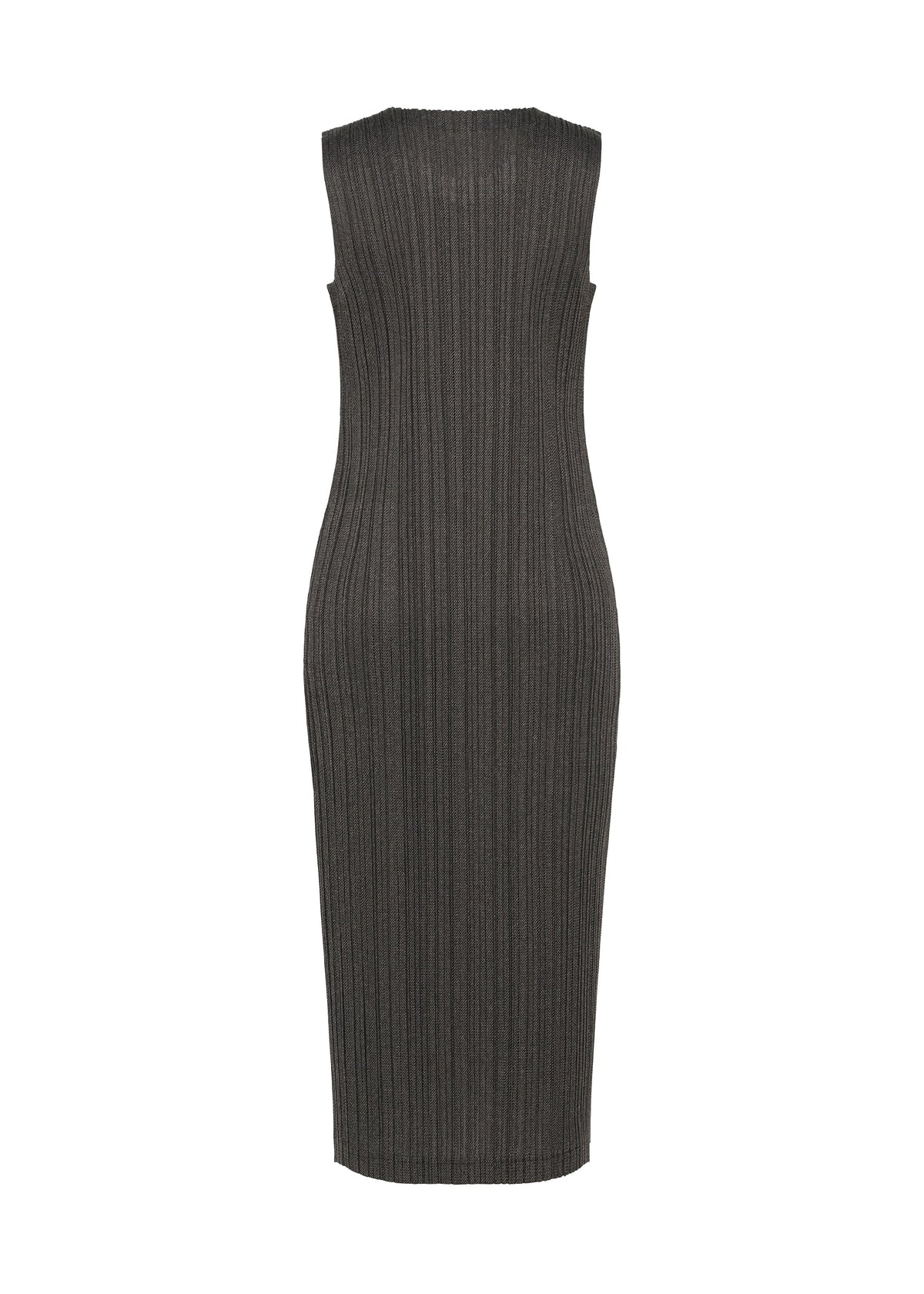 Sleeveless, fitted ribbed knit dress in charcoal gray with a denim-like appearance, shown on white. The COTTON DENIM BLACK by PLEATS PLEASE ISSEY MIYAKE is midi length with a crew neckline and no embellishments. view 2 of 7