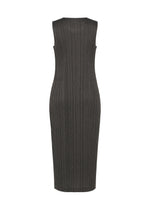 Sleeveless, fitted ribbed knit dress in charcoal gray with a denim-like appearance, shown on white. The COTTON DENIM BLACK by PLEATS PLEASE ISSEY MIYAKE is midi length with a crew neckline and no embellishments.