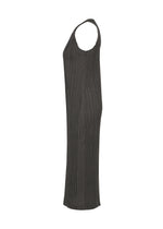 The COTTON DENIM BLACK midi dress by PLEATS PLEASE ISSEY MIYAKE is shown from the side, featuring a sleeveless, ribbed design with a straight, fitted silhouette and a denim-inspired look.