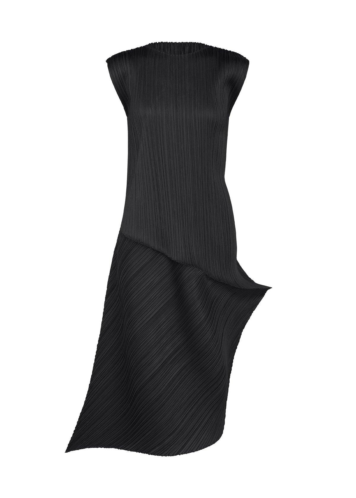 Zoomed view LEAP by PLEATS PLEASE ISSEY MIYAKE: A sleeveless black round-neck dress with pleated texture, layered diagonal lines, and a flowing asymmetric hem, shown on a plain white background. - BLACK （no.15）
