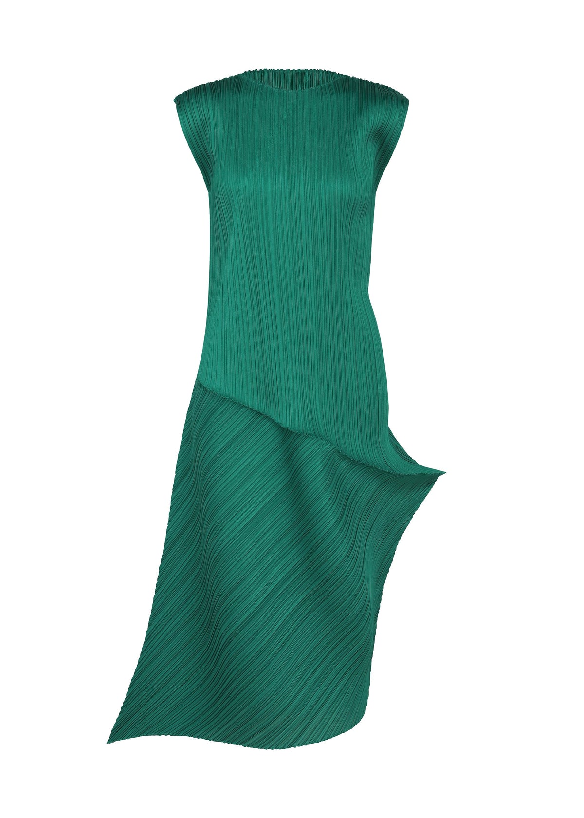 LEAP by PLEATS PLEASE ISSEY MIYAKE is a sleeveless green round-neck dress with pleated texture, an asymmetrical design, and draped details, creating a sculptural, modern silhouette. view 3 of 8