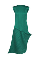 LEAP by PLEATS PLEASE ISSEY MIYAKE is a sleeveless green round-neck dress with pleated texture, an asymmetrical design, and draped details, creating a sculptural, modern silhouette. - FOREST GREEN （no.57）