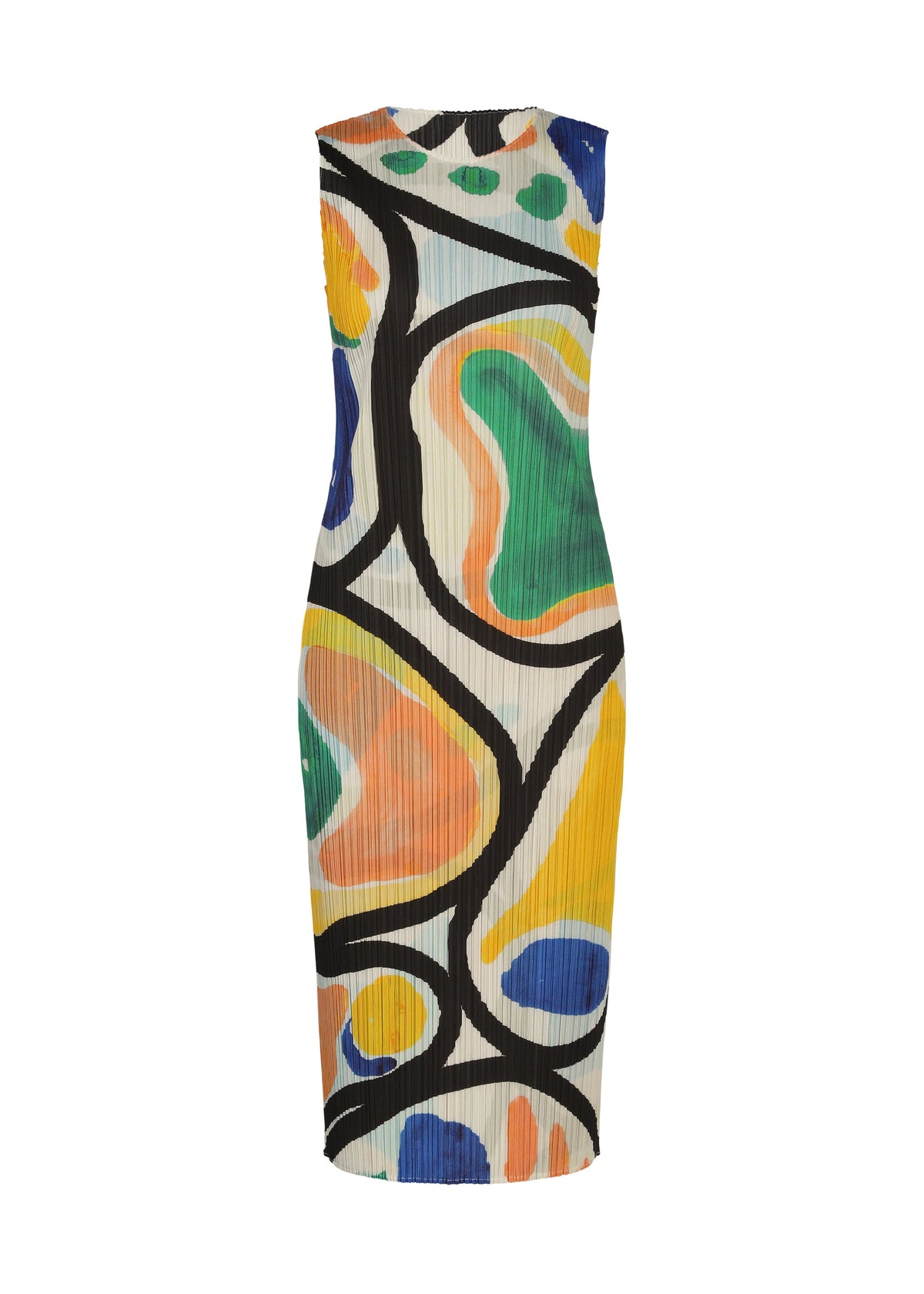 The ROLL dress by PLEATS PLEASE ISSEY MIYAKE is a sleeveless, fitted piece with pleated fabric and a bold abstract print in black, orange, yellow, green, and blue on white for a vibrant look. view 2 of 7