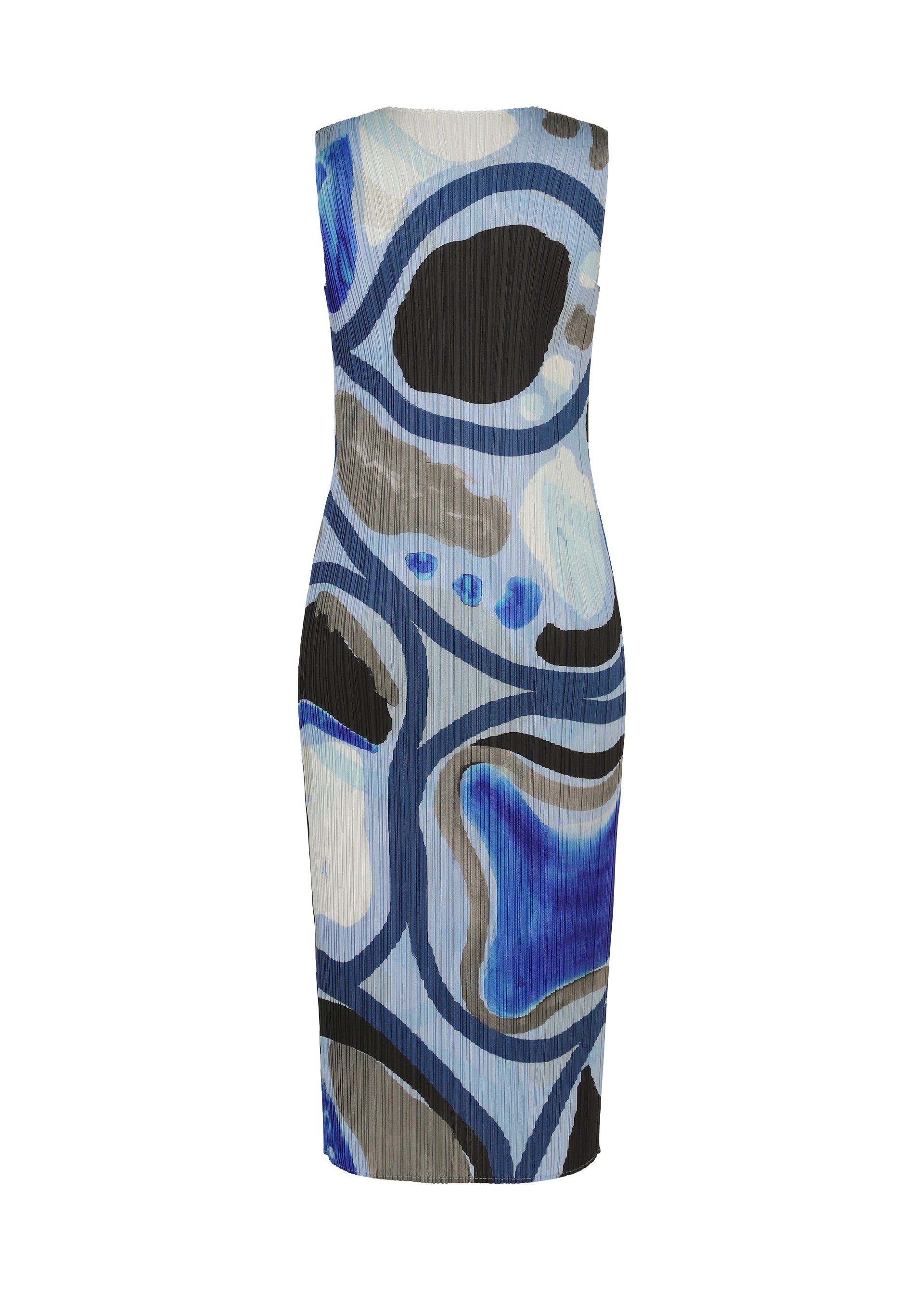 Zoomed view The ROLL dress by PLEATS PLEASE ISSEY MIYAKE is a sleeveless, knee-length piece with a fitted silhouette, pleated texture, and an abstract blue, black, white, and gray print for a vibrant look.