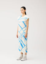 A woman stands against a plain light background, dressed in the FOLD LINE dress by PLEATS PLEASE ISSEY MIYAKE. The white round-neck dress features blue diagonal stripes and French sleeves, paired with white high-top shoes. Its minimalist design exudes effortless elegance.