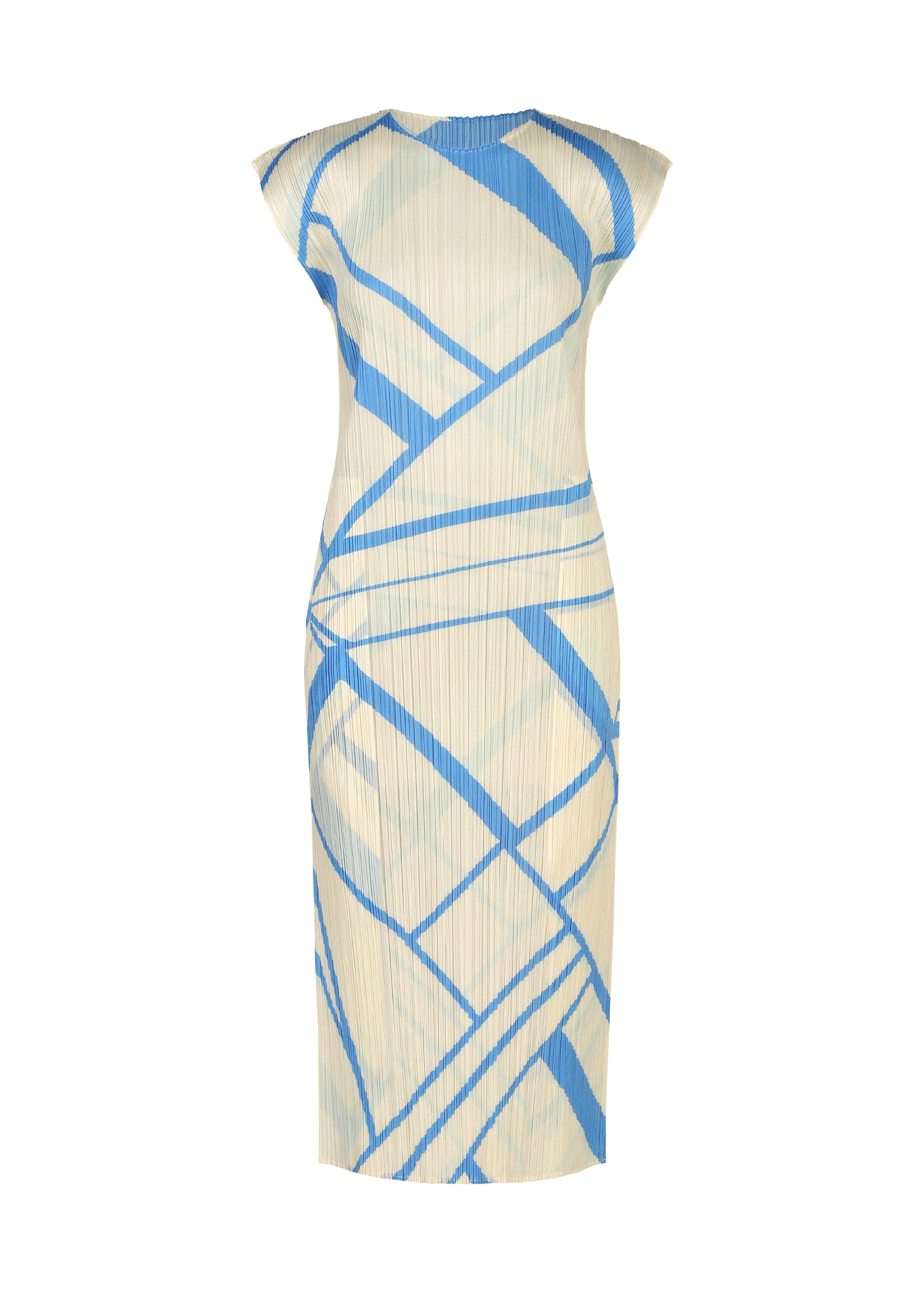 Zoomed view The FOLD LINE dress by PLEATS PLEASE ISSEY MIYAKE is a sleeveless, knee-length piece featuring a cream base adorned with light blue geometric line patterns. Crafted from pleated fabric, it has a fitted silhouette and a high neckline that accentuates its minimalist aesthetic. - OFF WHITE （no.02）