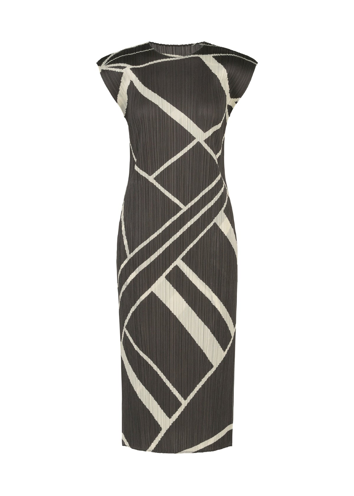 FOLD LINE by PLEATS PLEASE ISSEY MIYAKE is a sleeveless, knee-length round-neck dress featuring a fitted silhouette with a black base and striking diagonal white stripes in an abstract pattern. The minimalist design is elevated by pleated fabric, adding texture and sophistication. view 2 of 8