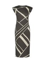 FOLD LINE by PLEATS PLEASE ISSEY MIYAKE is a sleeveless, knee-length round-neck dress featuring a fitted silhouette with a black base and striking diagonal white stripes in an abstract pattern. The minimalist design is elevated by pleated fabric, adding texture and sophistication. - CHARCOAL （no.17）