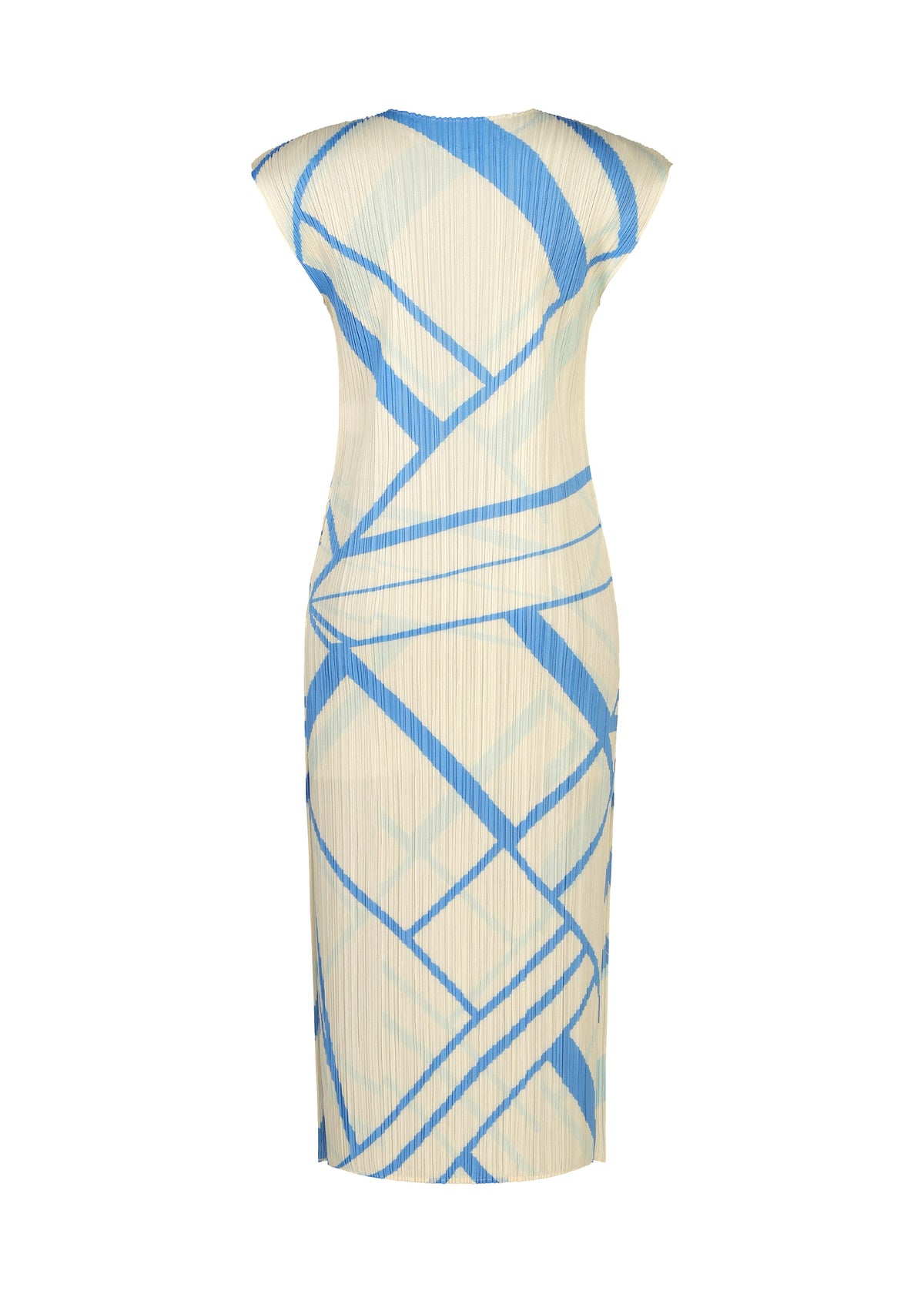 The FOLD LINE dress by PLEATS PLEASE ISSEY MIYAKE is a sleeveless, form-fitting midi dress with a high neckline and minimalist design, showcasing a cream base adorned with abstract light blue geometric lines and shapes throughout the fabric. view 3 of 8