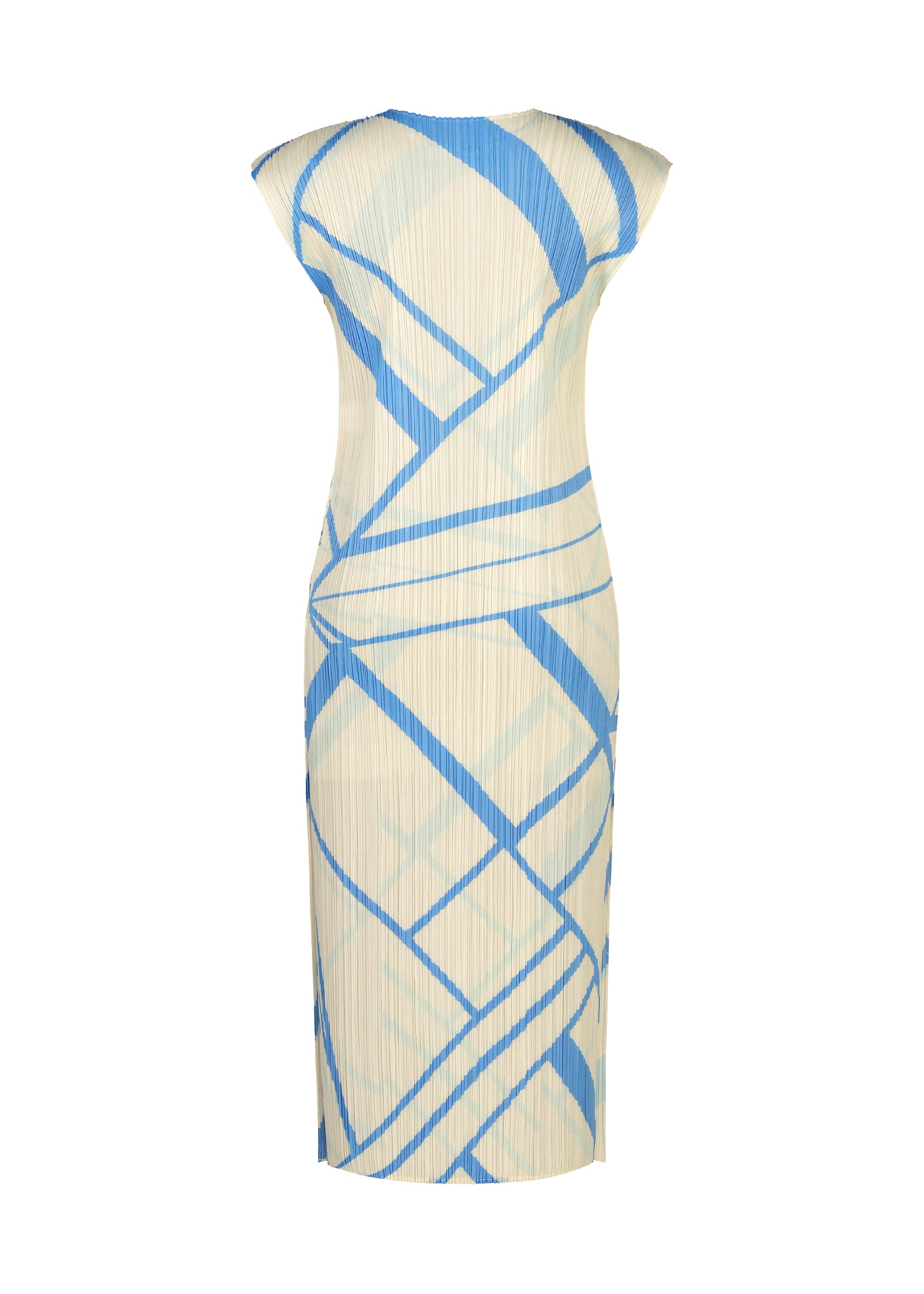 Zoomed view The FOLD LINE dress by PLEATS PLEASE ISSEY MIYAKE is a sleeveless, form-fitting midi dress with a high neckline and minimalist design, showcasing a cream base adorned with abstract light blue geometric lines and shapes throughout the fabric.