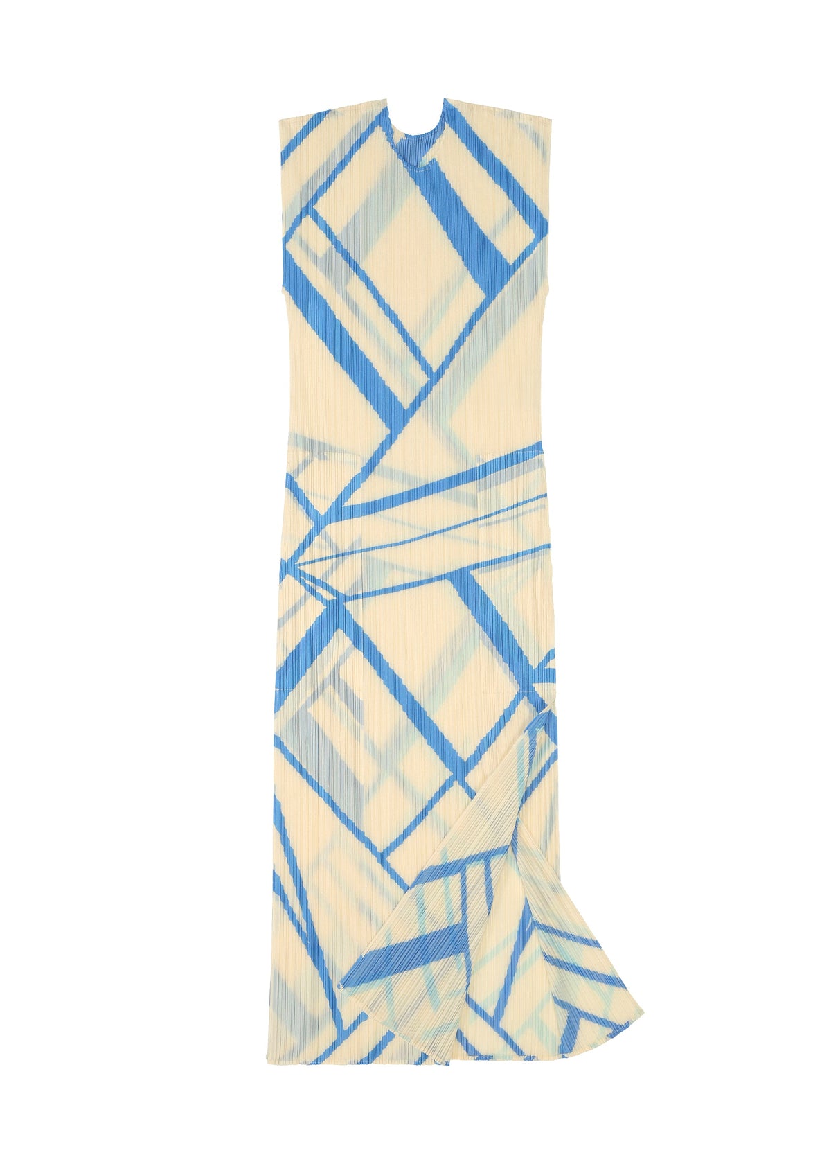 The FOLD LINE dress by PLEATS PLEASE ISSEY MIYAKE features a sleeveless cream silhouette adorned with a blue geometric pattern and accented by a subtle ruffle detail near the hem, presented in a minimalist style and displayed flat against a white background. view 4 of 8