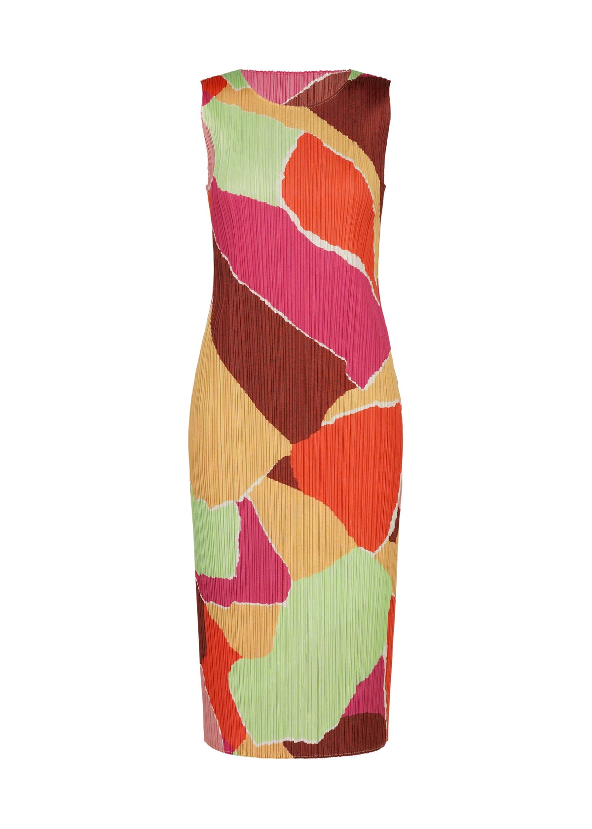 The “SURPRISE!” dress from PLEATS PLEASE ISSEY MIYAKE is a sleeveless, knee-length round-neck design with a fitted silhouette. It features a bold abstract patchwork pattern in vibrant red, green, orange, yellow, brown, and pink tones. The colorful look is enhanced by its signature pleated and textured fabric. view 1 of 7