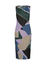 The SURPRISE! dress by PLEATS PLEASE ISSEY MIYAKE is a sleeveless, knee-length piece with a round neckline and a fitted silhouette. Crafted from pleated fabric, it features an abstract multi-colored pattern in shades of green, purple, beige, blue, and black—perfect for making a statement at any event. - PURPLE （no.81）