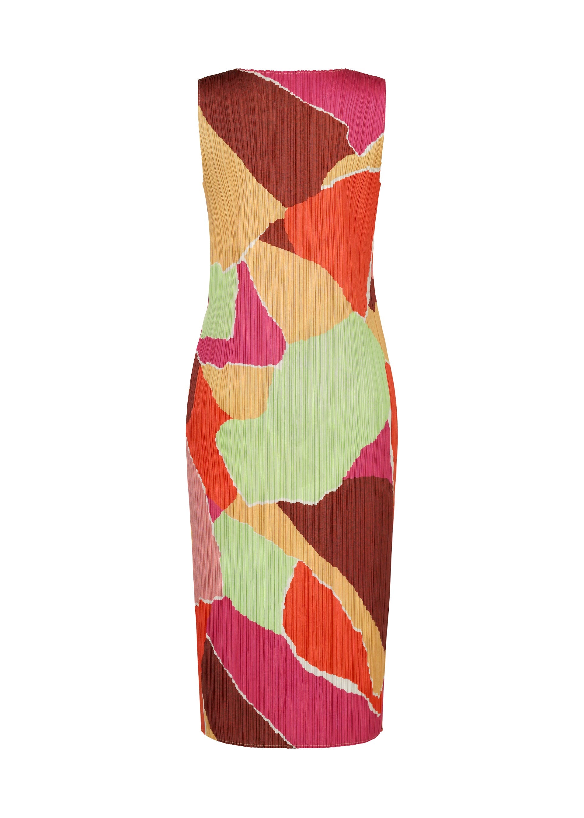 Zoomed view The SURPRISE! dress by PLEATS PLEASE ISSEY MIYAKE features a sleeveless, knee-length silhouette with a round neckline and fitted shape, crafted from pleated fabric adorned with a vibrant abstract print in shades of red, orange, lime green, pink, and brown.
