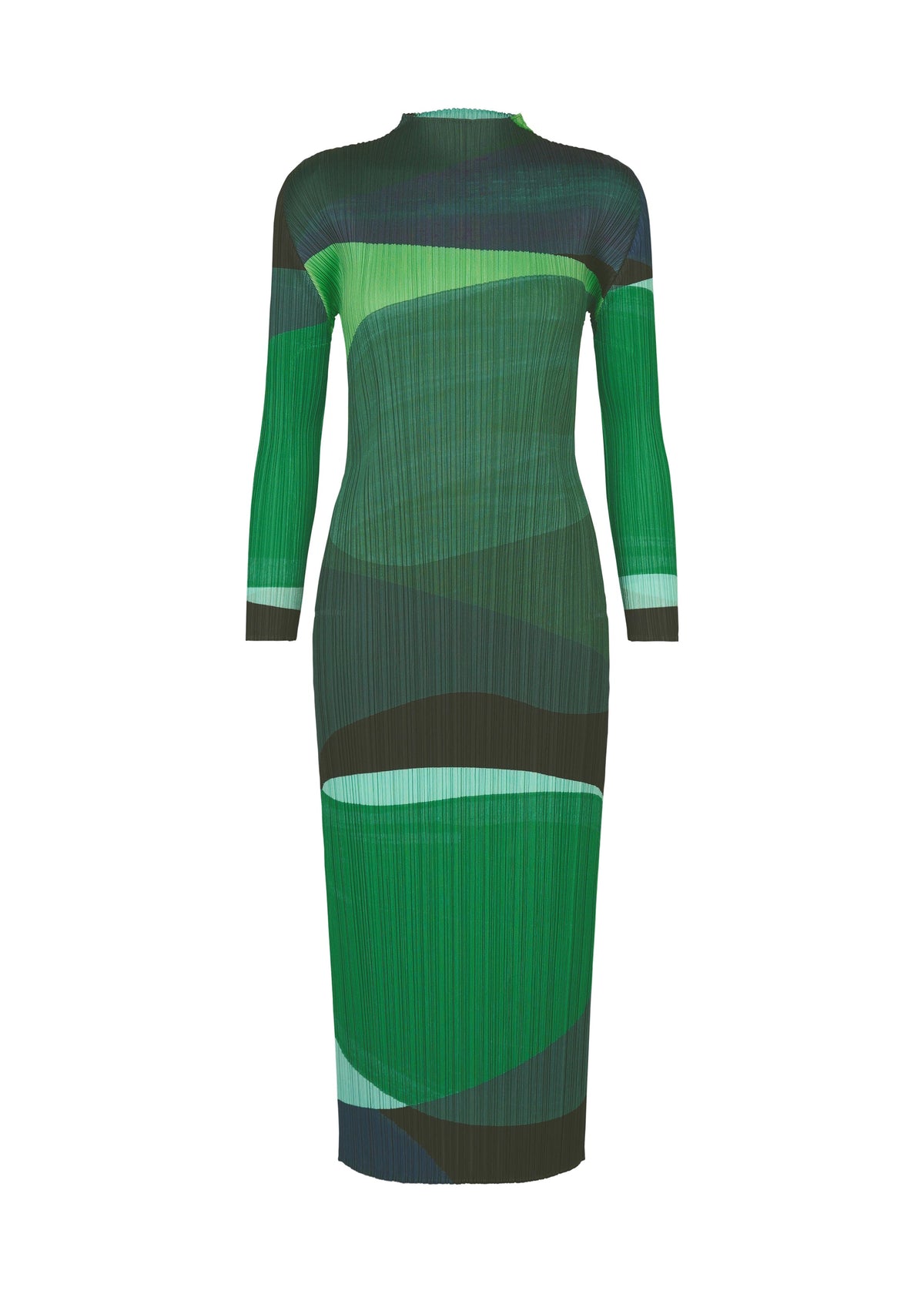 The ORBIT by PLEATS PLEASE ISSEY MIYAKE is a long-sleeved, ankle-length dress with a fitted silhouette and abstract green, black, and blue sheer stripes arranged horizontally and vertically. view 2 of 7