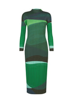 The ORBIT by PLEATS PLEASE ISSEY MIYAKE is a long-sleeved, ankle-length dress with a fitted silhouette and abstract green, black, and blue sheer stripes arranged horizontally and vertically. - GREEN （no.62）