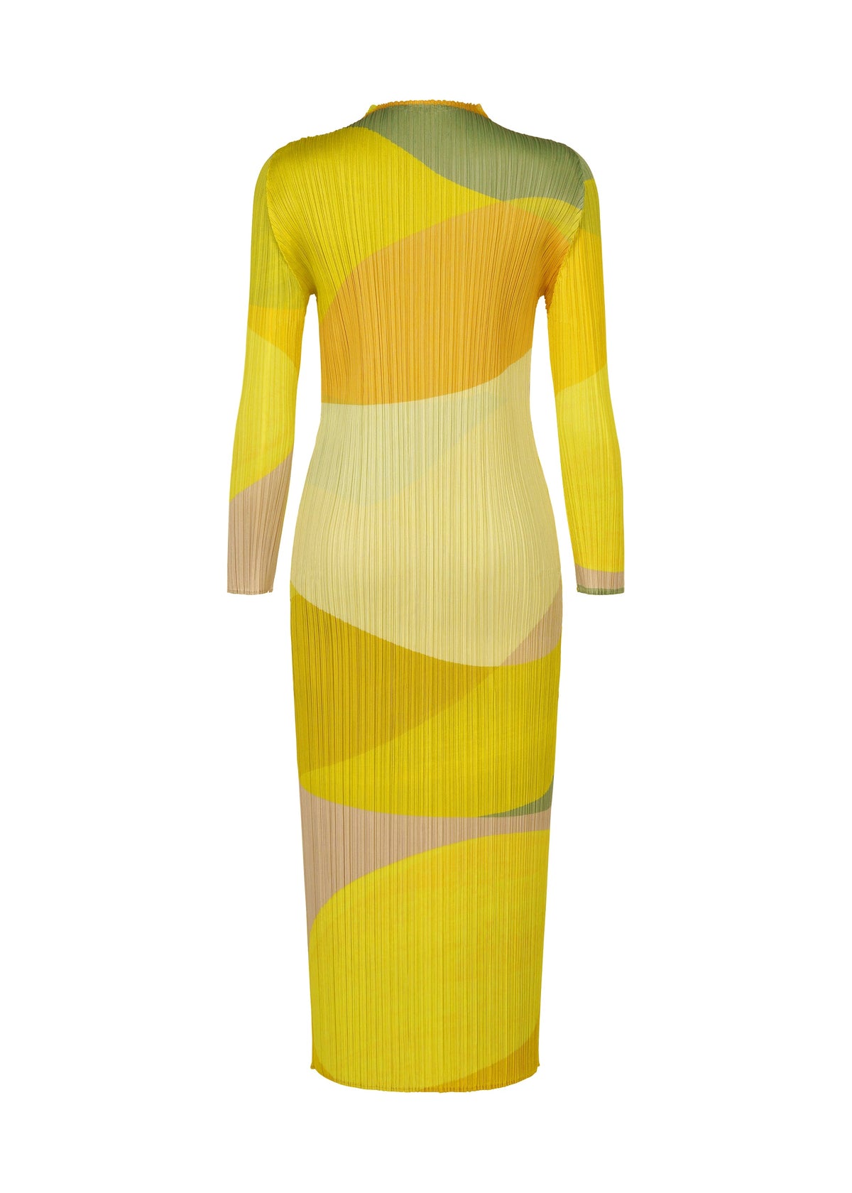 ORBIT by PLEATS PLEASE ISSEY MIYAKE: a long-sleeved, ankle-length high-neck dress in a yellow and beige abstract wavy pattern. Fitted style shown from the back on a plain white background. view 3 of 7