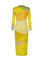 ORBIT by PLEATS PLEASE ISSEY MIYAKE: a long-sleeved, ankle-length high-neck dress in a yellow and beige abstract wavy pattern. Fitted style shown from the back on a plain white background.