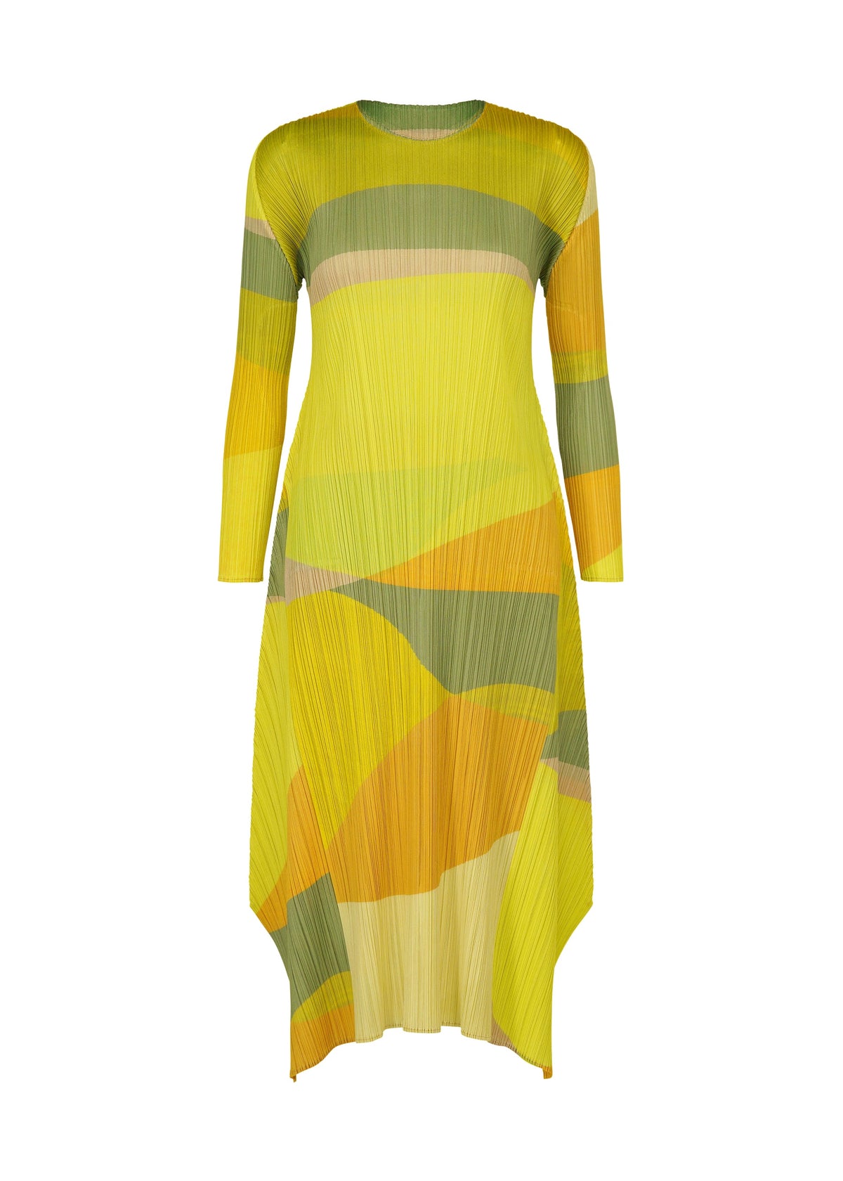 The ORBIT dress by PLEATS PLEASE ISSEY MIYAKE features long sleeves, a pleated round neck, an abstract yellow, green, orange, and beige pattern, and an asymmetrical hem for a dynamic silhouette. view 1 of 8