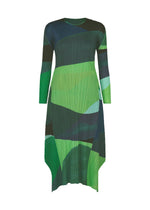 ORBIT by PLEATS PLEASE ISSEY MIYAKE is a round-neck, long-sleeved dress with pleated texture and abstract green, navy, and teal patterns. An asymmetrical hem and modern fabric create an artistic look. - GREEN （no.62）