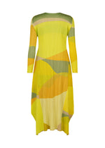 The ORBIT dress by PLEATS PLEASE ISSEY MIYAKE features a round neck, long sleeves, pleats, an abstract yellow-green-orange pattern in sheer tones, and an asymmetrical hemline.