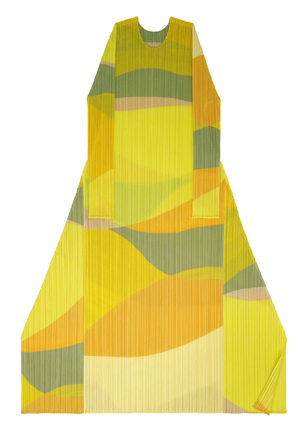 Zoomed view The ORBIT dress by PLEATS PLEASE ISSEY MIYAKE features long pleated sleeves, a round neck, and abstract yellow, green, and orange waves in a bold geometric pattern shown laid flat.